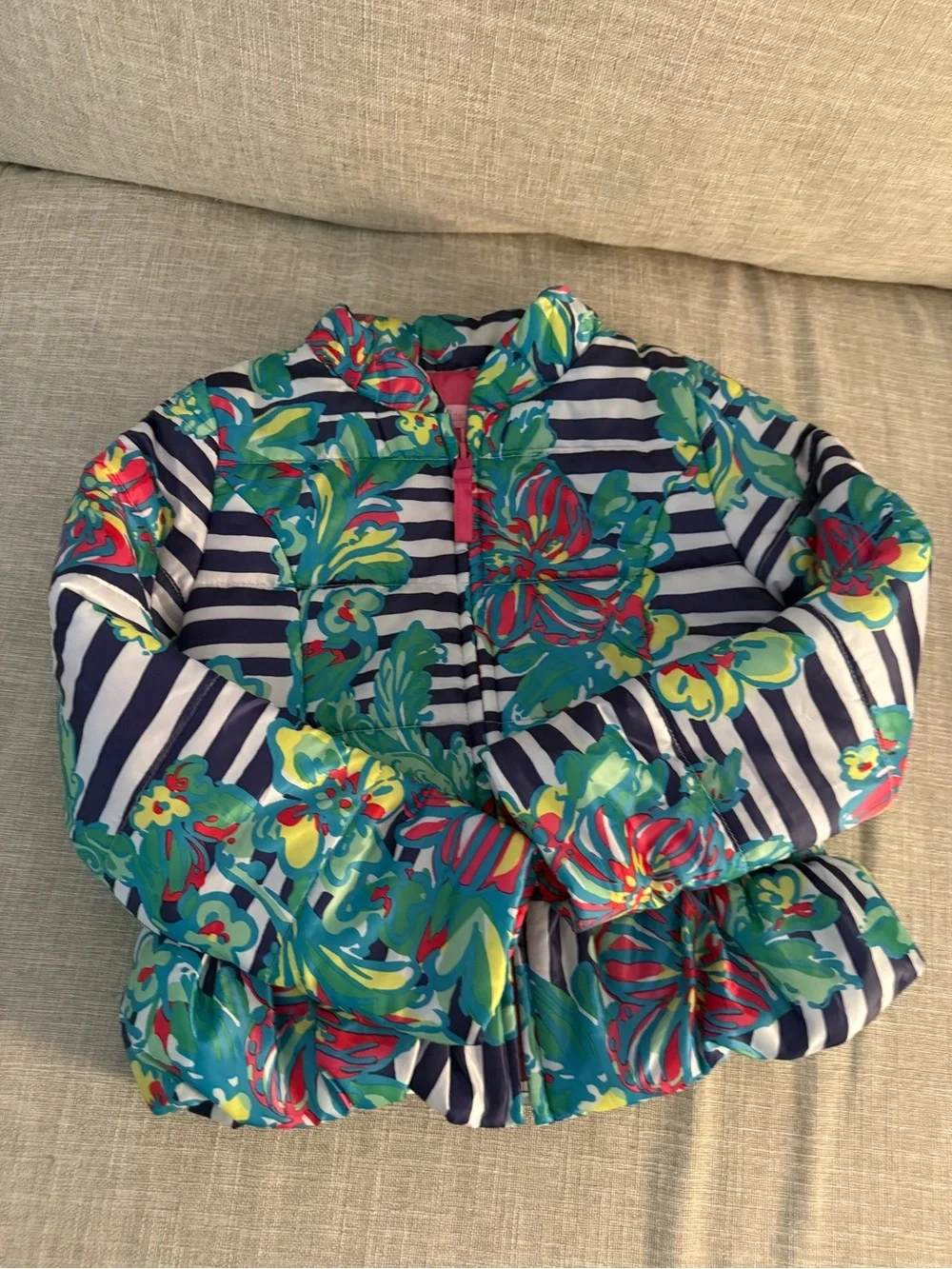 Lilly Pulitzer Navy Stripe Multi Floral Kids Puffer Jacket